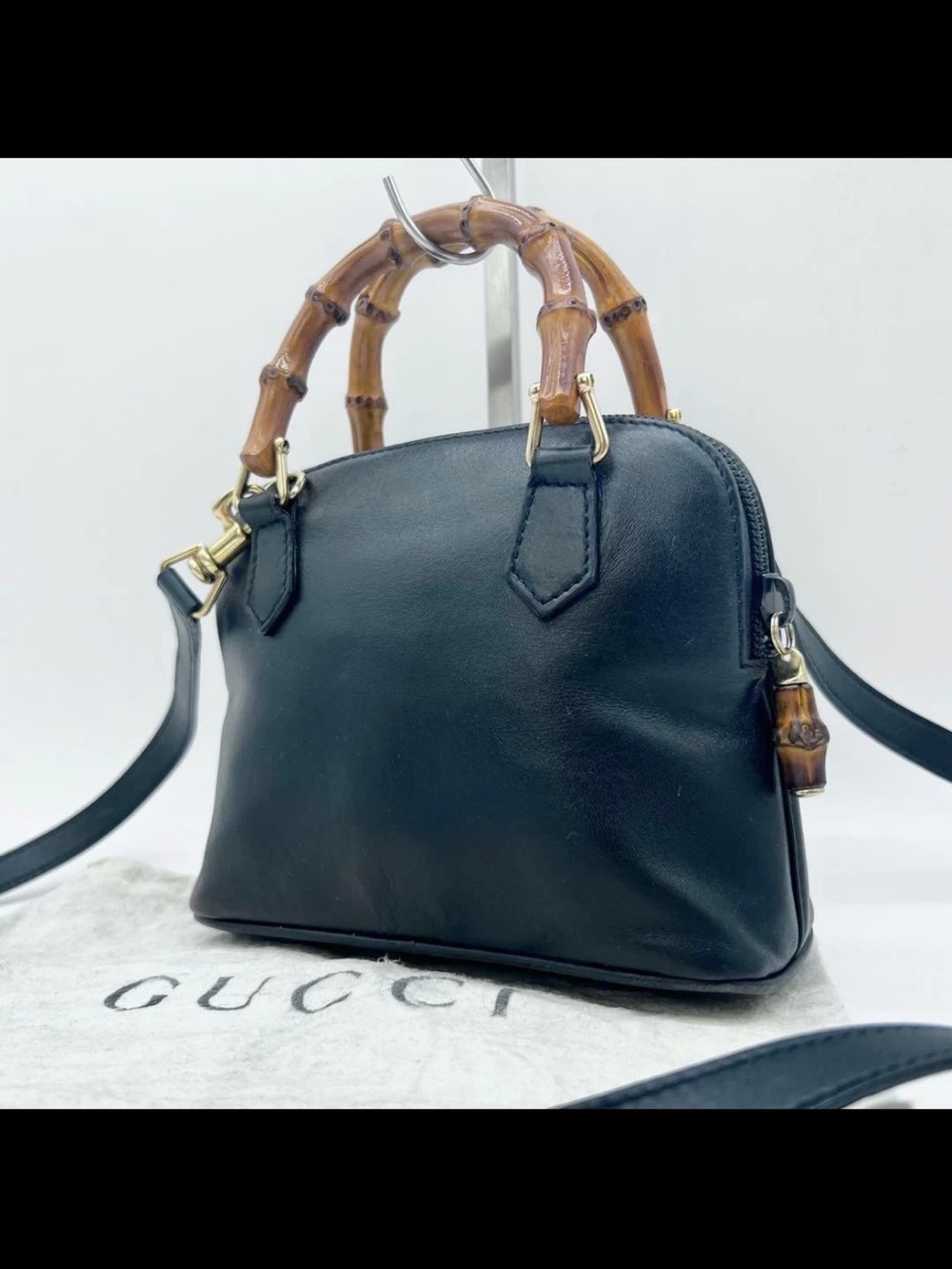 Gucci Black Leather Bamboo Handle Small Shoulder Bag